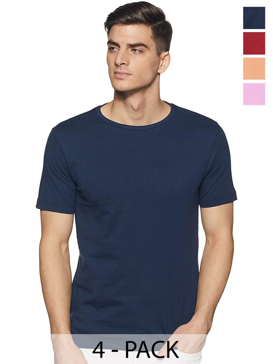 

COLOR CAPITAL Unisex Pack Of 4 Round Neck Short Sleeves Cotton T-shirts, Navy blue