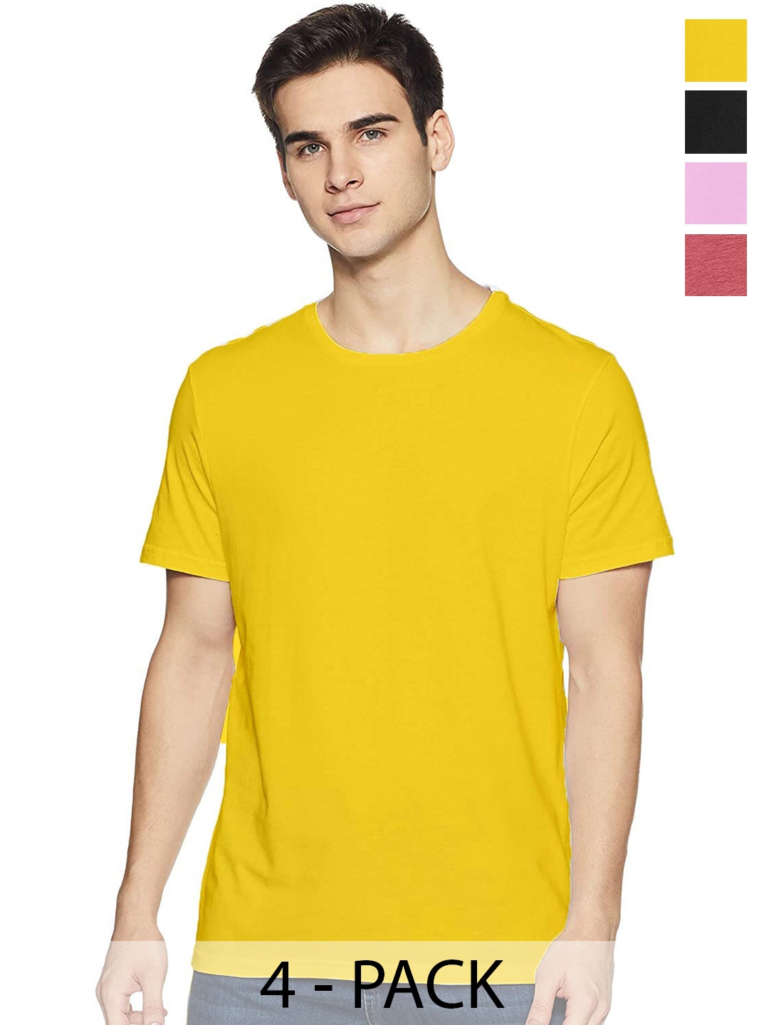 

COLOR CAPITAL Unisex Pack Of 4 Round Neck Short Sleeves Cotton T-shirts, Yellow