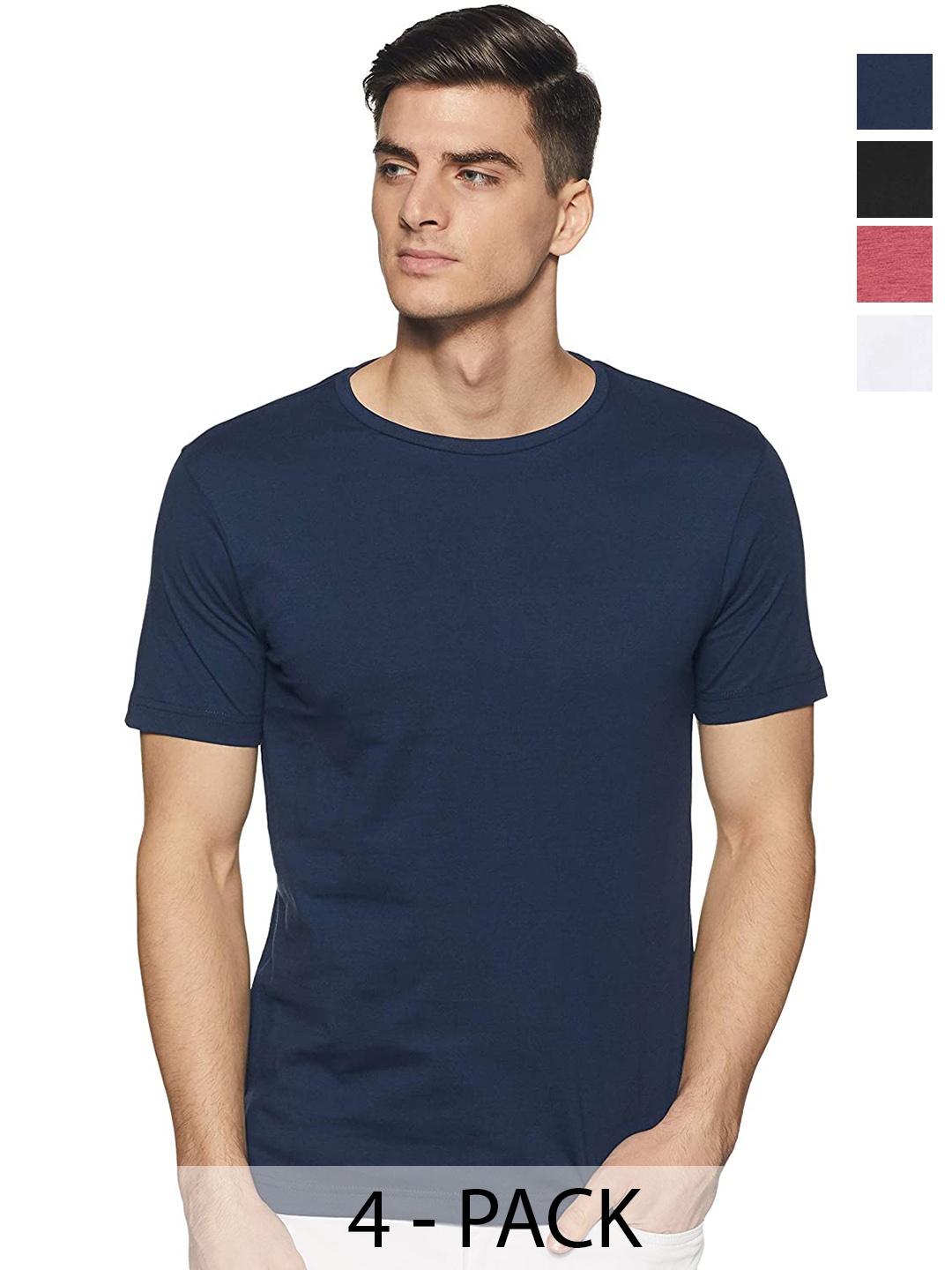 

COLOR CAPITAL Pack Of 4 Round Neck Cotton T-shirts, Navy blue