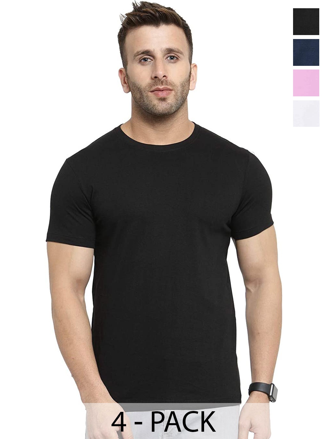 

COLOR CAPITAL Pack Of 4 Round Neck Cotton T-shirts, Black