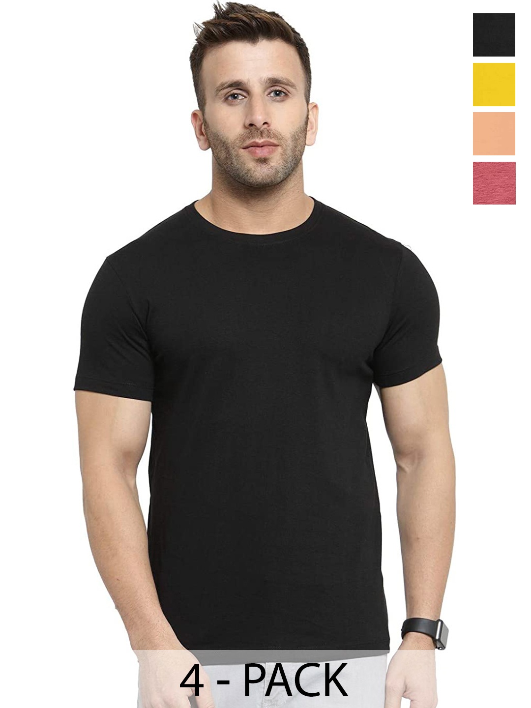 

COLOR CAPITAL Unisex Pack Of 4 Round Neck Cotton T-shirt, Black
