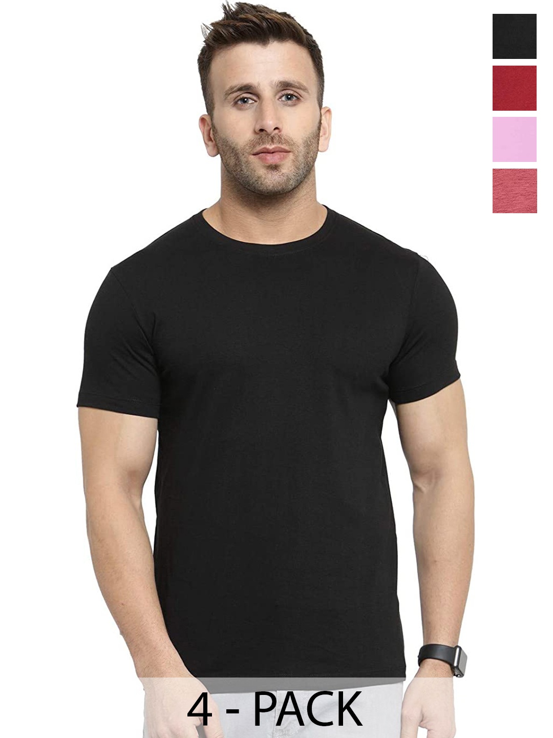 

COLOR CAPITAL Unisex Pack Of 4 Round Neck Cotton T-shirt, Black