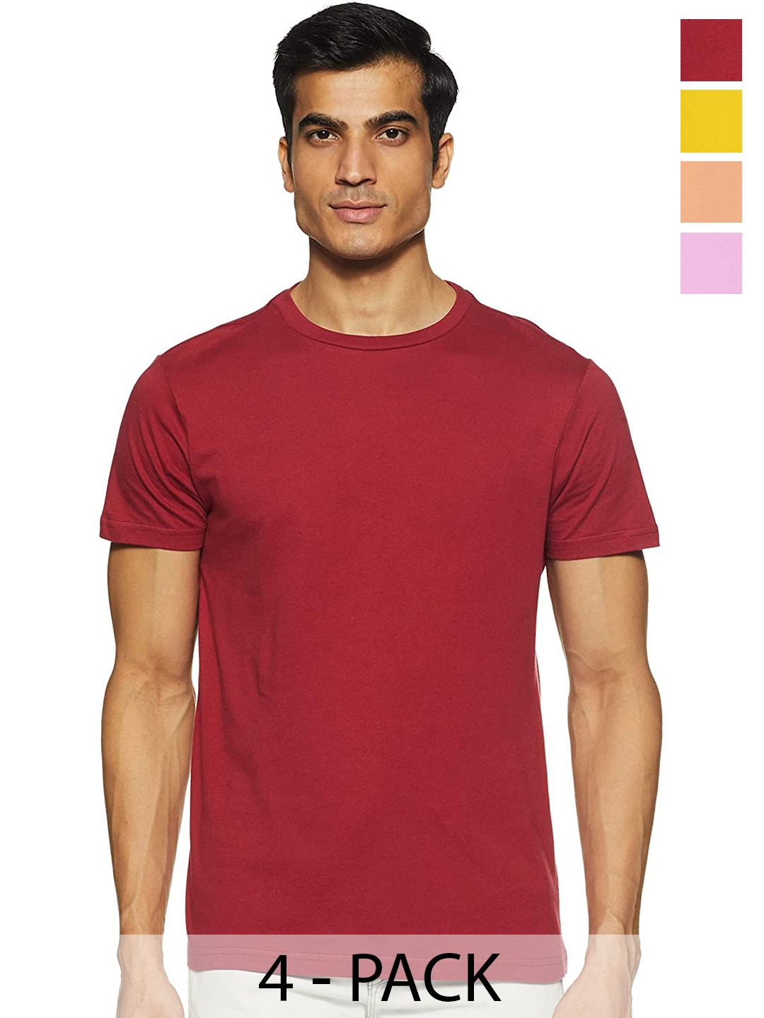 

COLOR CAPITAL Unisex Pack Of 4 Round Neck Cotton T-shirt, Maroon