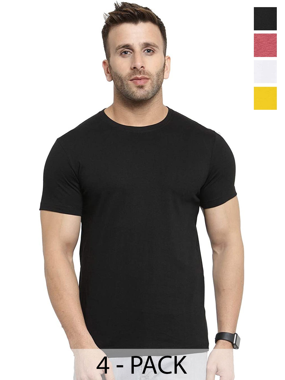 

COLOR CAPITAL Unisex Pack Of 4 Round Neck Cotton T-shirt, Black
