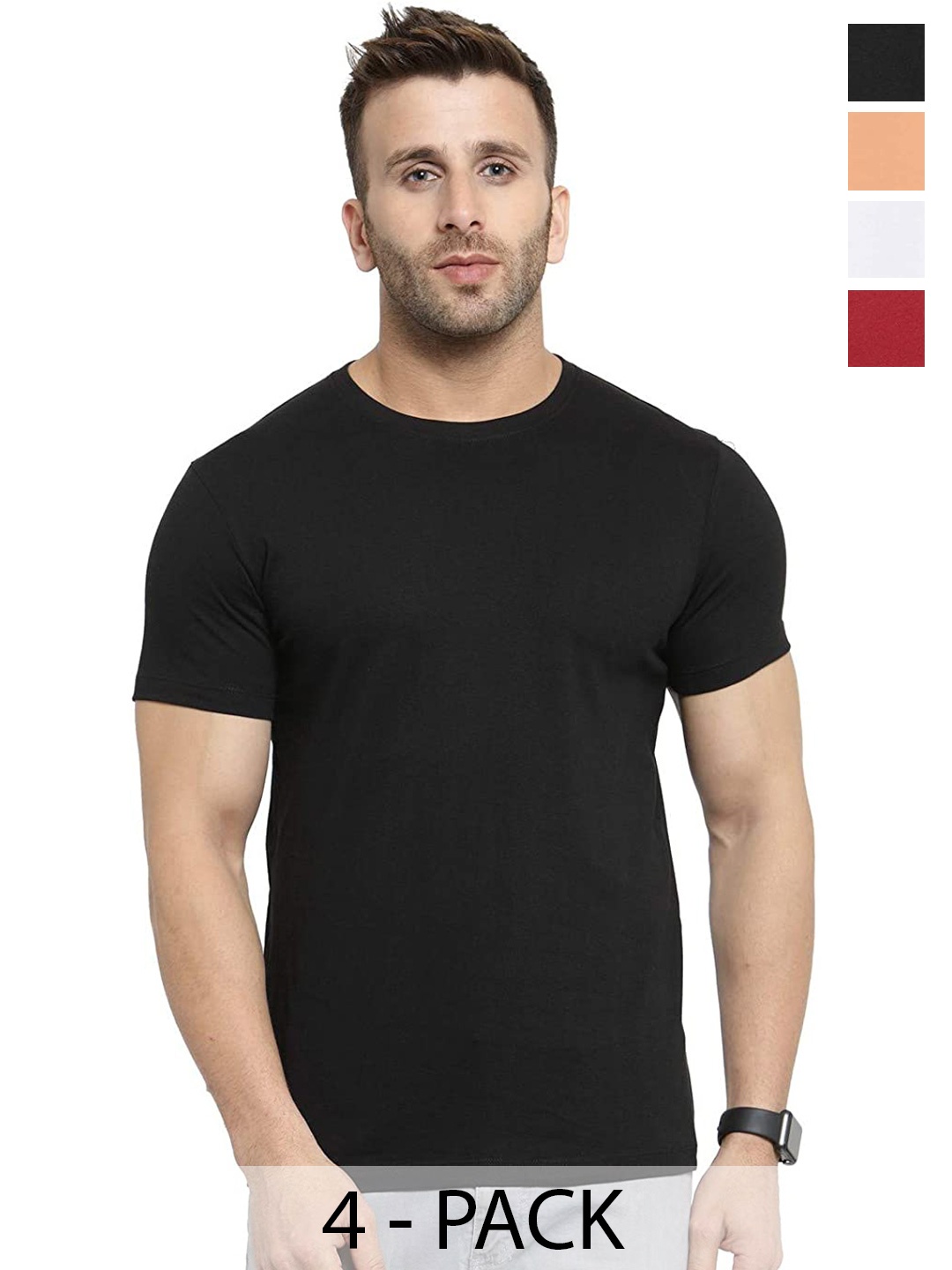 

COLOR CAPITAL Pack Of 4 Round Neck Cotton T-shirt, Black
