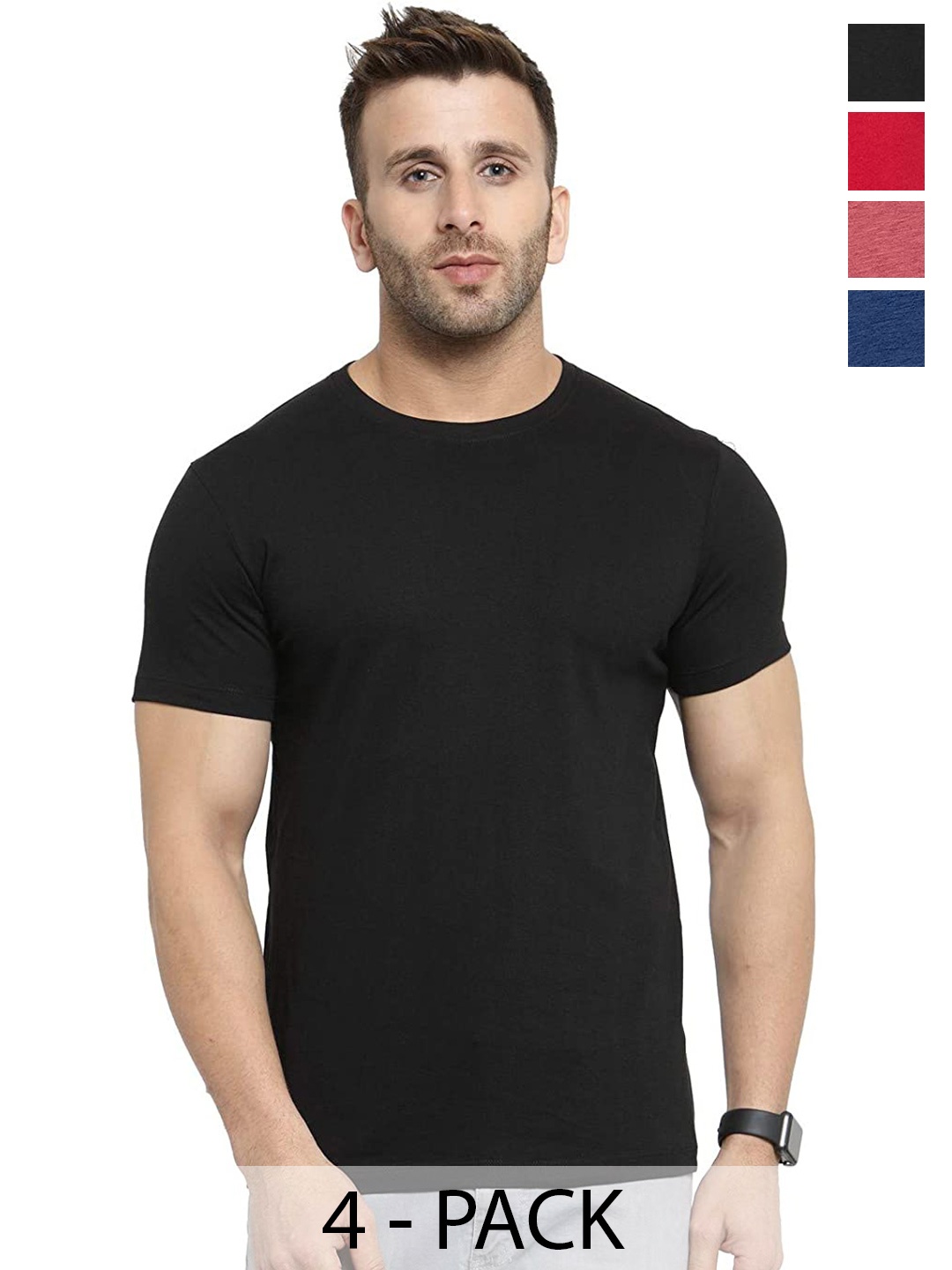 

COLOR CAPITAL Unisex Pack Of 4 Round Neck Casual Cotton T-shirts, Black