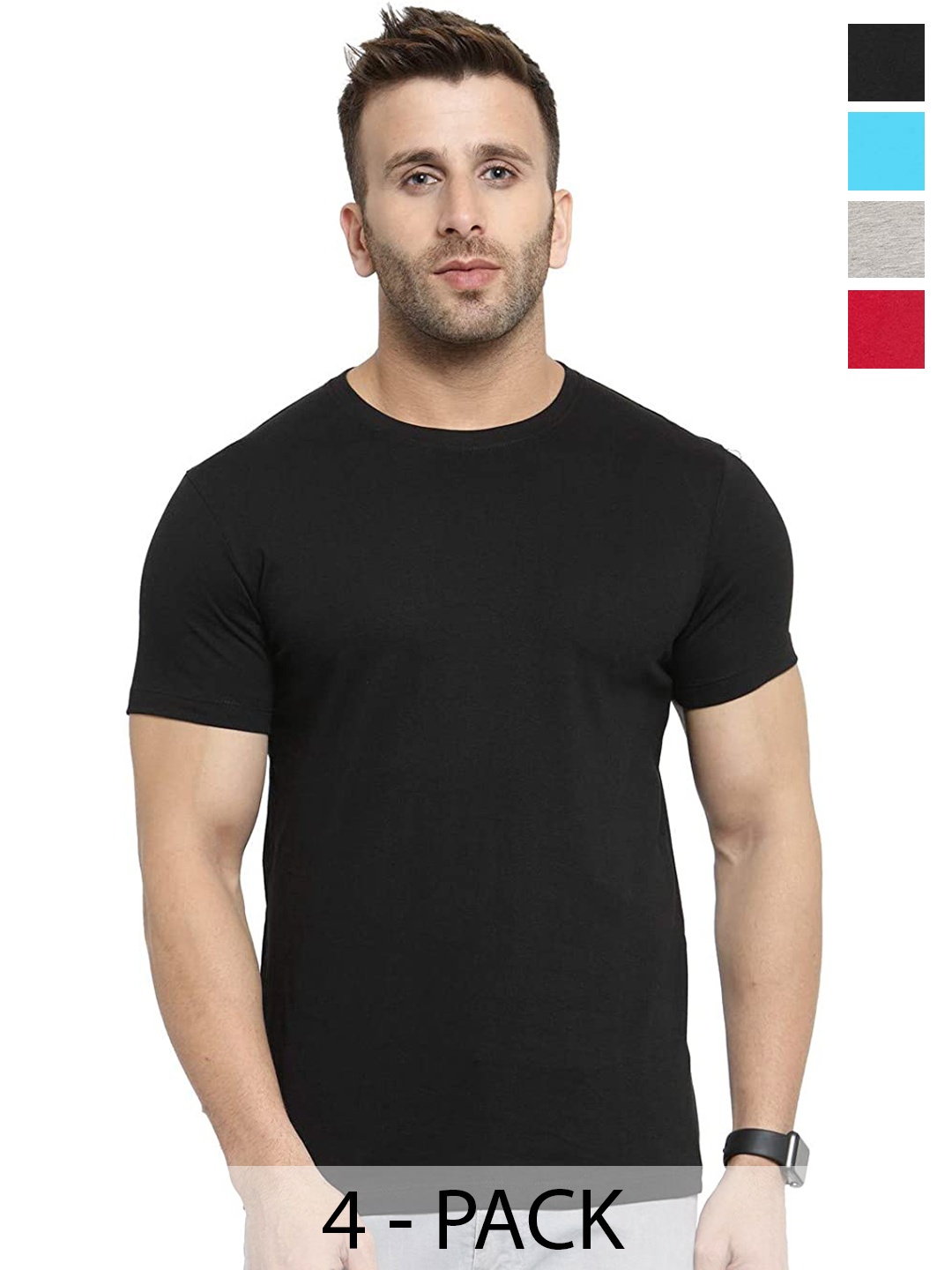 

COLOR CAPITAL Unisex Pack Of 4 Round Neck Cotton T-shirt, Black