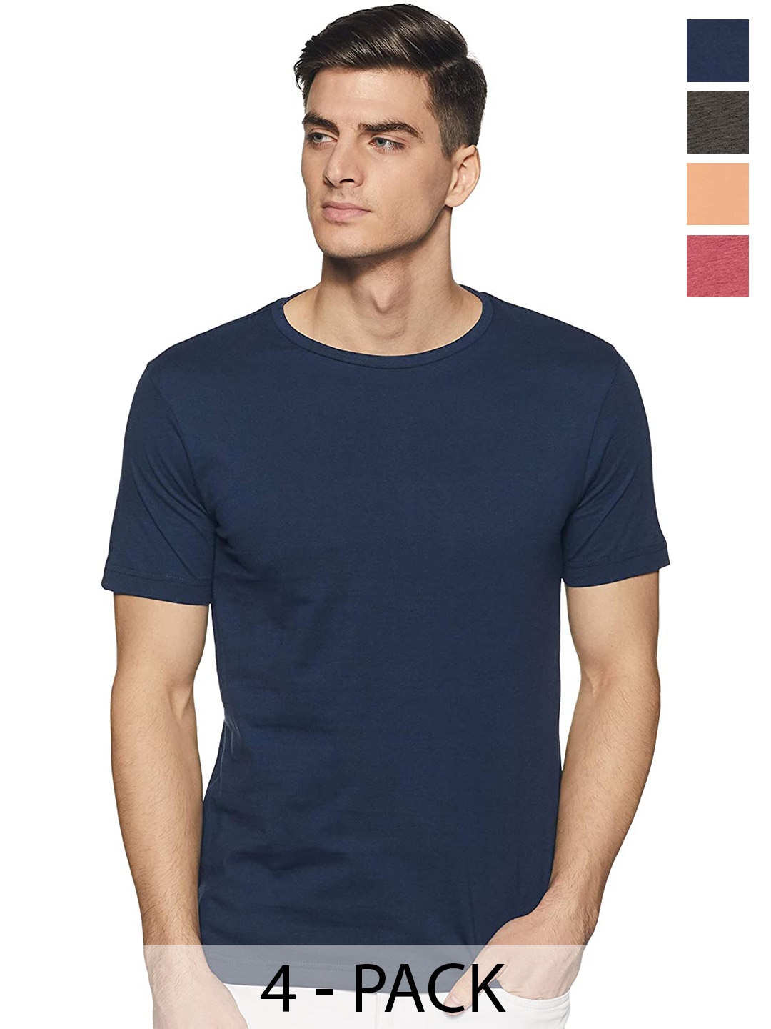 

COLOR CAPITAL Unisex Pack Of 4 Round Neck Cotton T-shirts, Navy blue