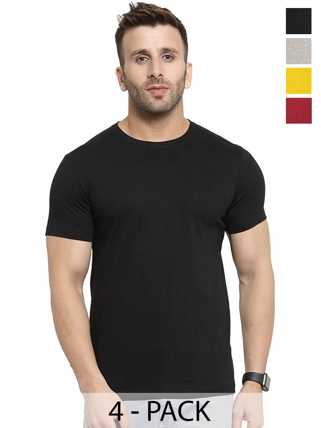 

COLOR CAPITAL Pack of 4 Round Neck Cotton T-shirts, Black
