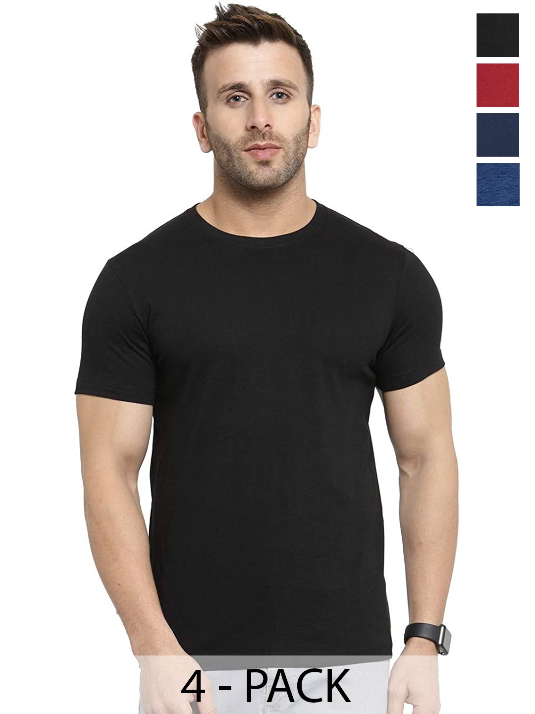 

COLOR CAPITAL Unisex Pack Of 4 Round Neck Short Sleeves Cotton T-shirts, Black