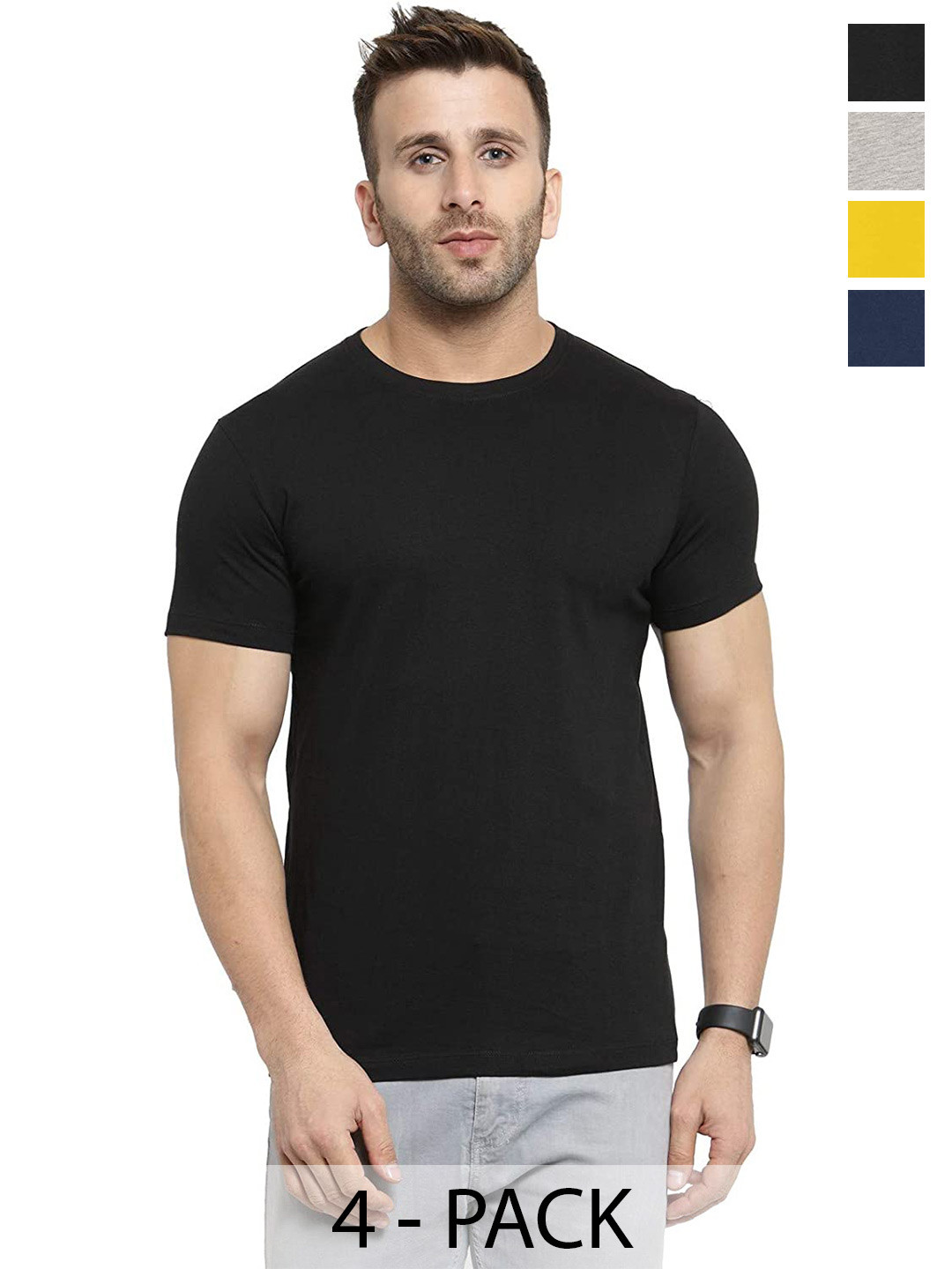 

COLOR CAPITAL Pack of 4 Round Neck Cotton T-shirts, Black