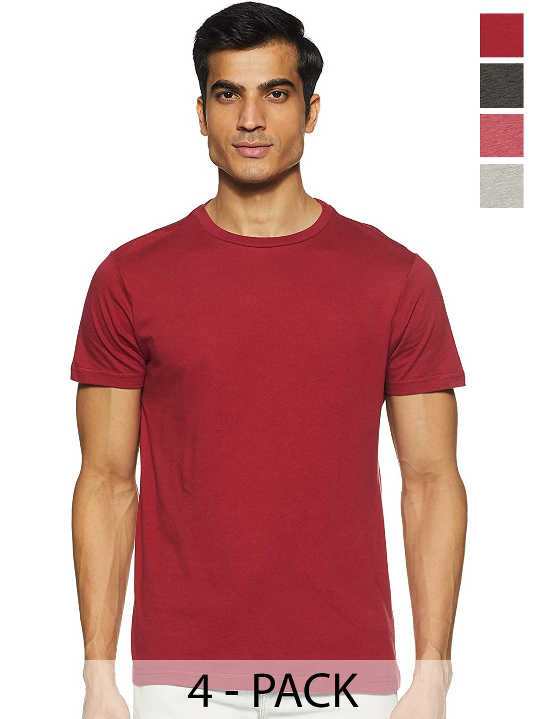 

COLOR CAPITAL Pack of 4 Round Neck Cotton T-shirts, Red
