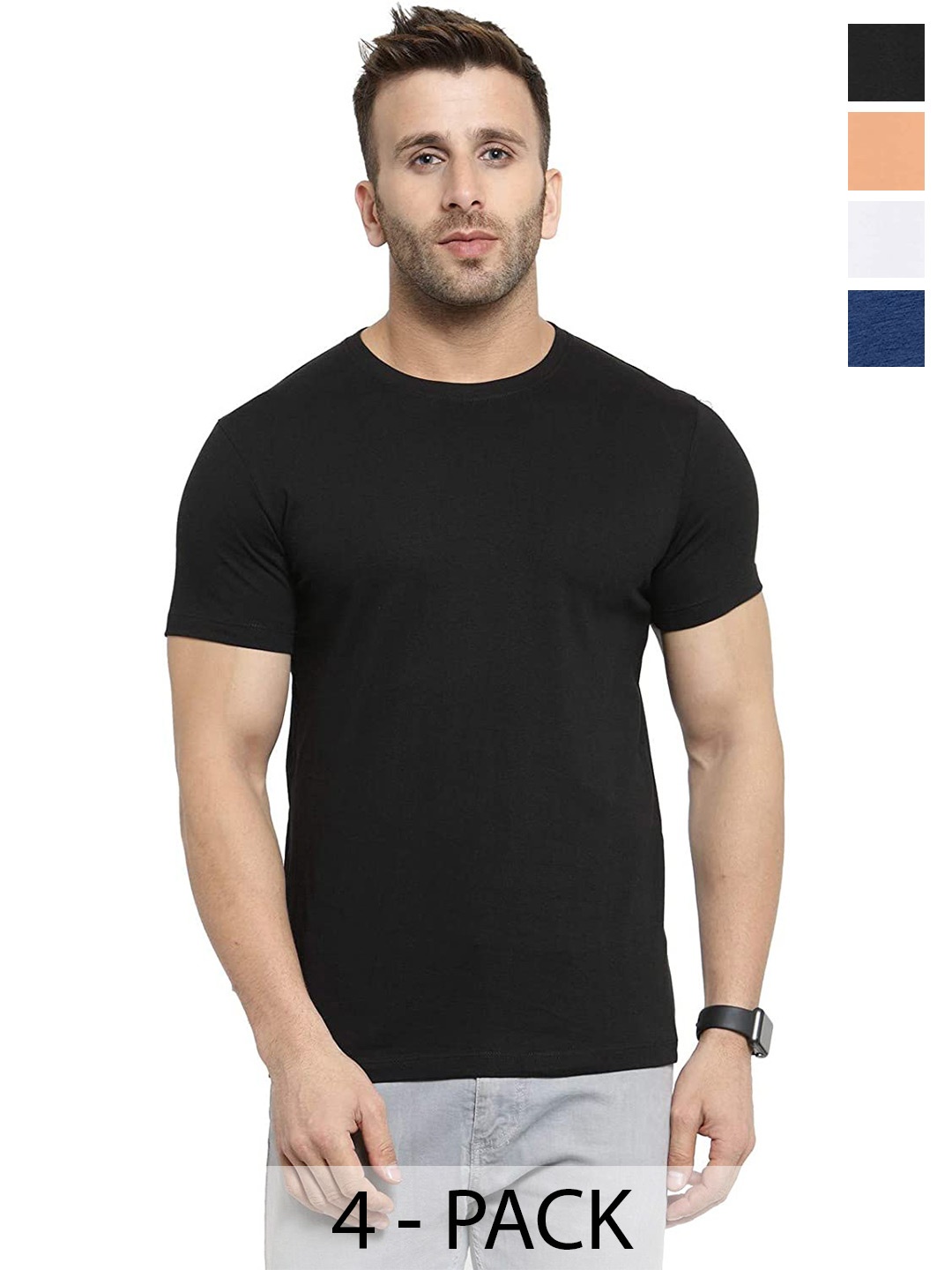 

COLOR CAPITAL Unisex Pack Of 4 Round Neck Cotton T-shirt, Black