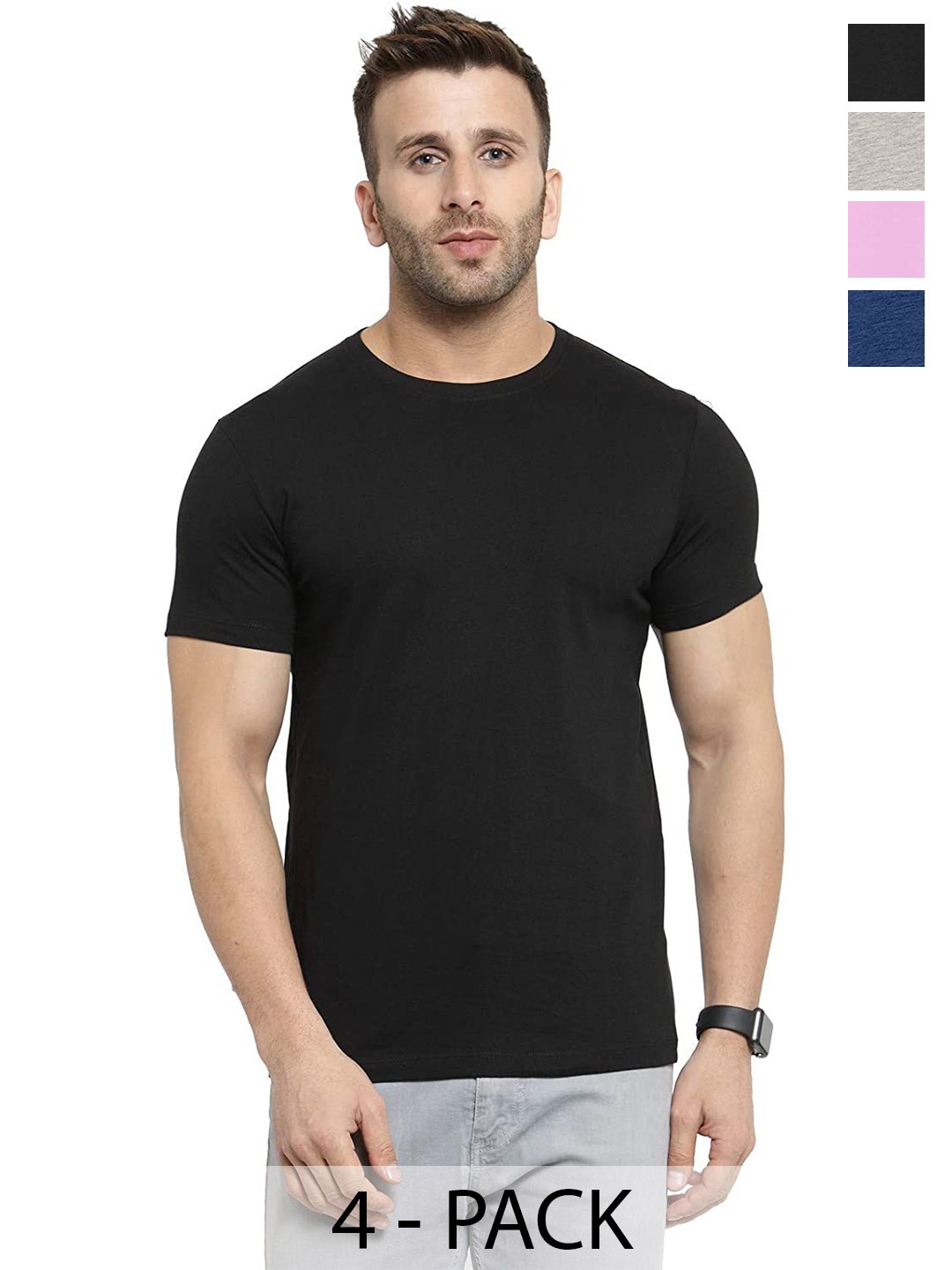 

COLOR CAPITAL Unisex Pack Of 4 Round Neck Cotton T-shirt, Black