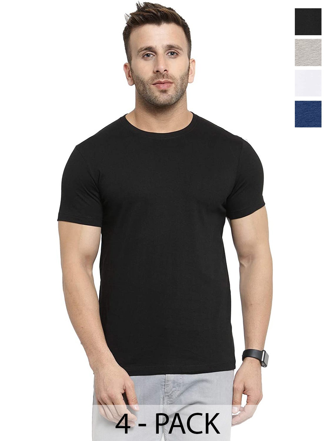 

COLOR CAPITAL Unisex Pack Of 4 Round Neck Cotton T-shirt, Black