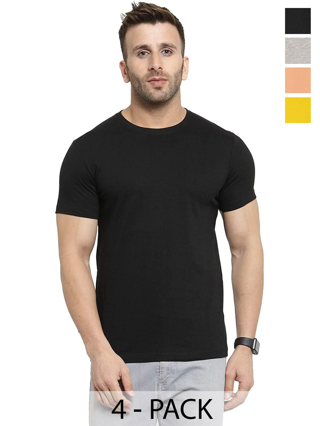 

COLOR CAPITAL Unisex Pack Of 4 Round Neck Cotton T-shirt, Black