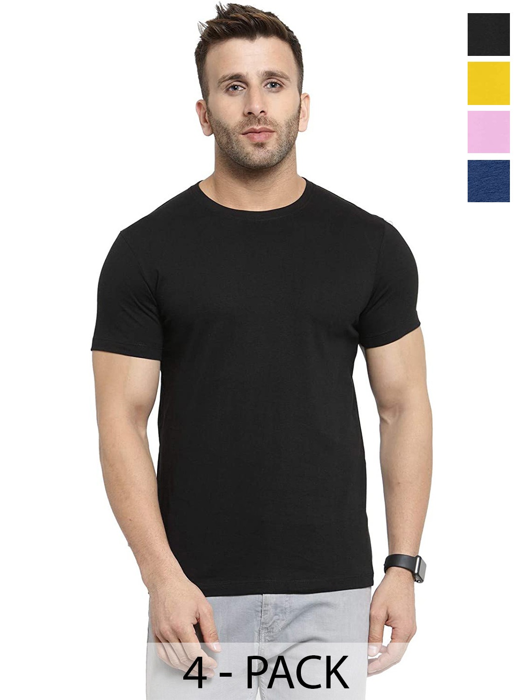 

COLOR CAPITAL Unisex Pack Of 4 Round Neck Cotton T-shirt, Black