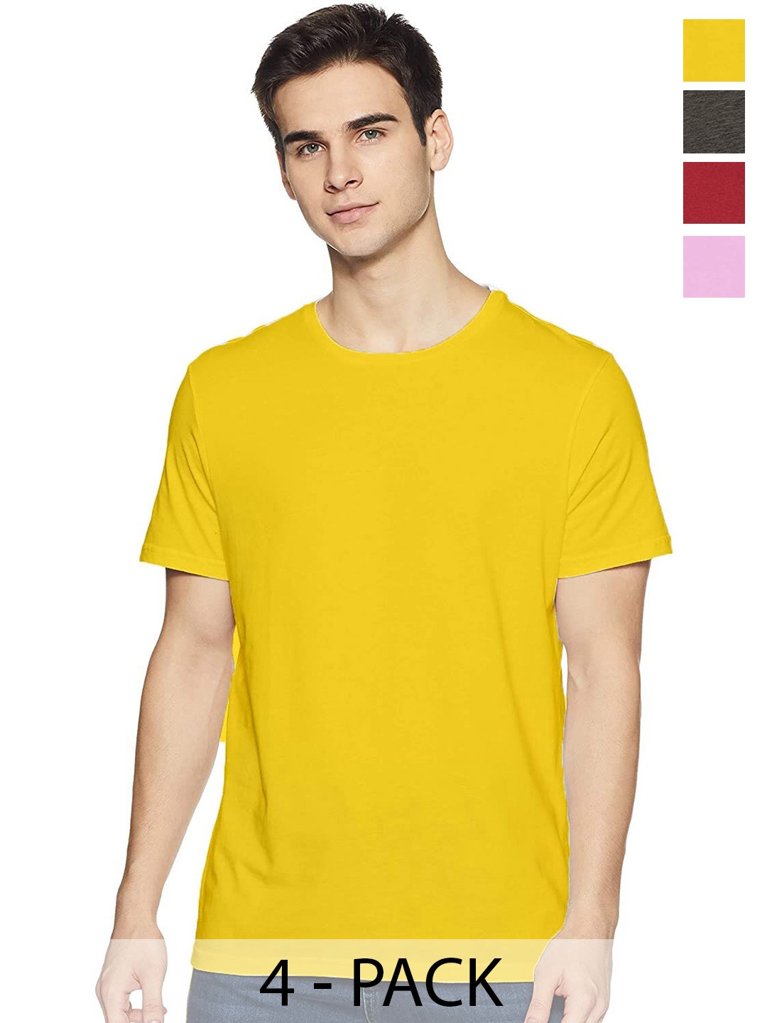 

COLOR CAPITAL Unisex Pack Of 4 Round Neck Cotton T-shirt, Yellow
