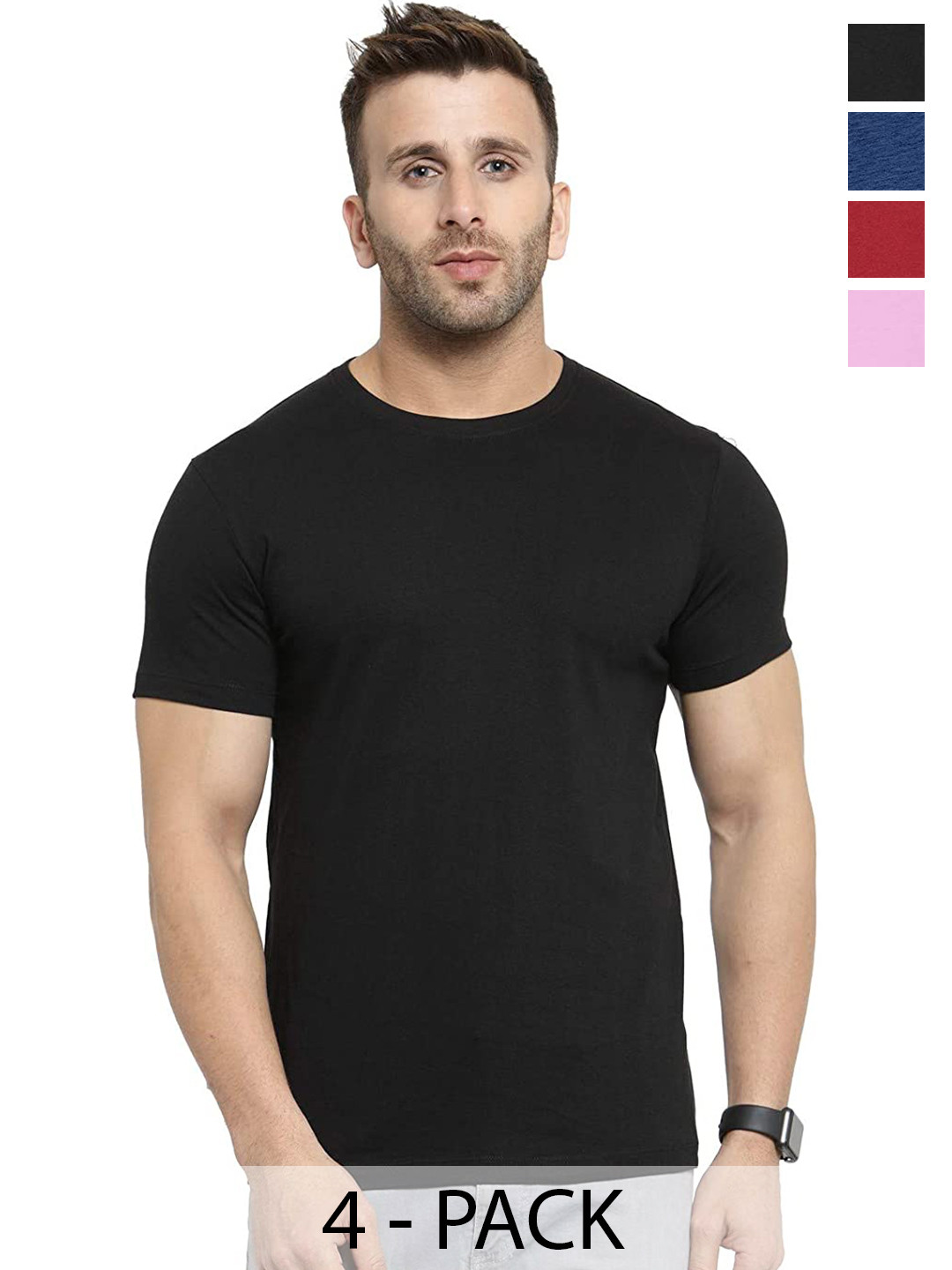 

COLOR CAPITAL Unisex Pack of 4 Cotton T-shirt, Black