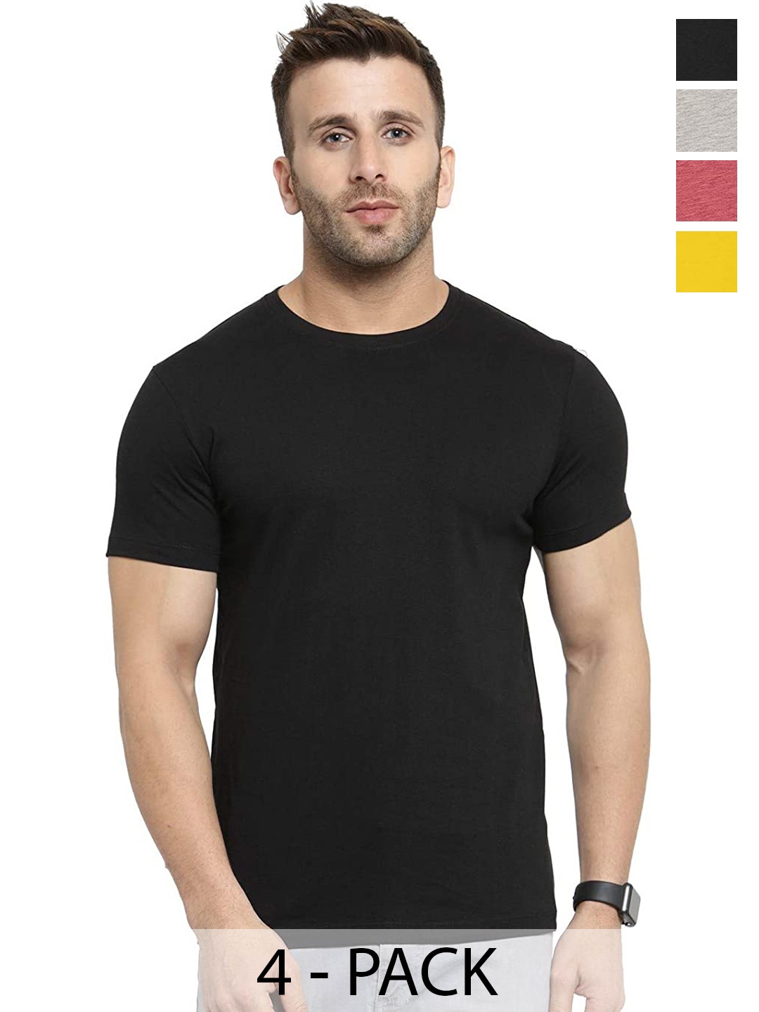 

COLOR CAPITAL Unisex Pack Of 4 Round Neck Cotton T-shirt, Black