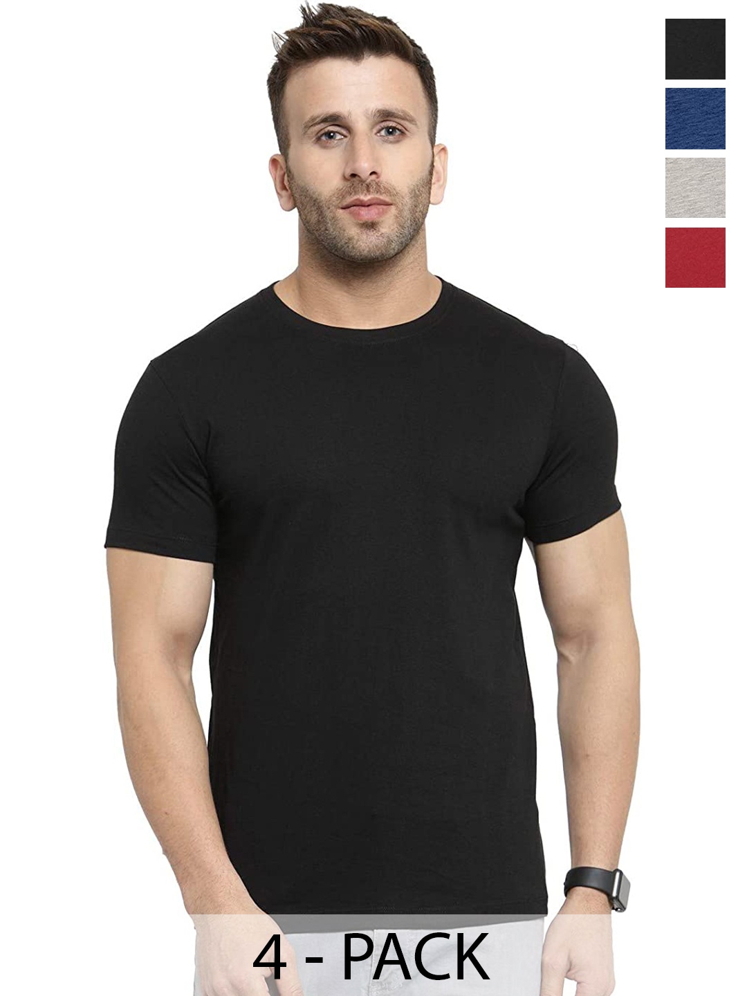 

COLOR CAPITAL Unisex Pack Of 4 Round Neck Casual Cotton T-shirts, Black