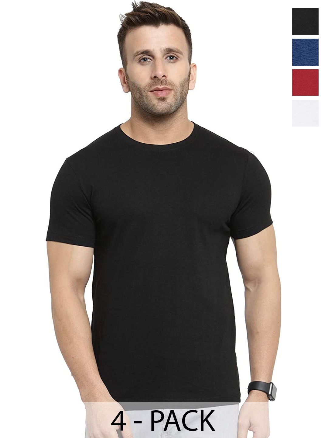 

COLOR CAPITAL Unisex Pack Of 4 Round Neck Cotton T-shirt, Black