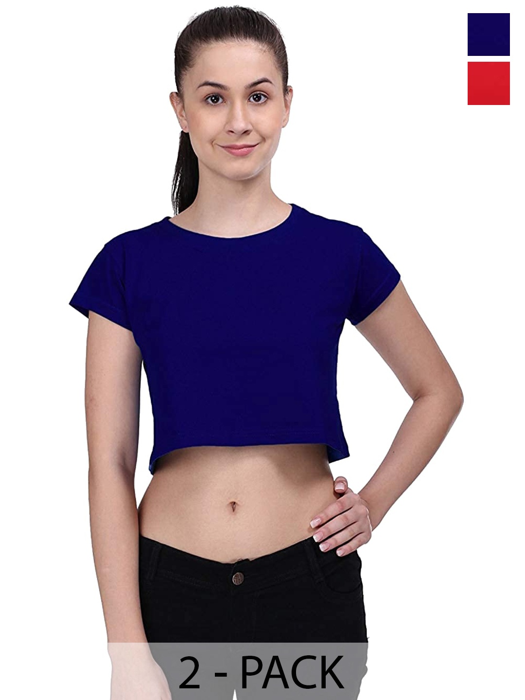 

COLOR CAPITAL Pack Of 2 Round Neck Cotton Crop T-shirts, Navy blue