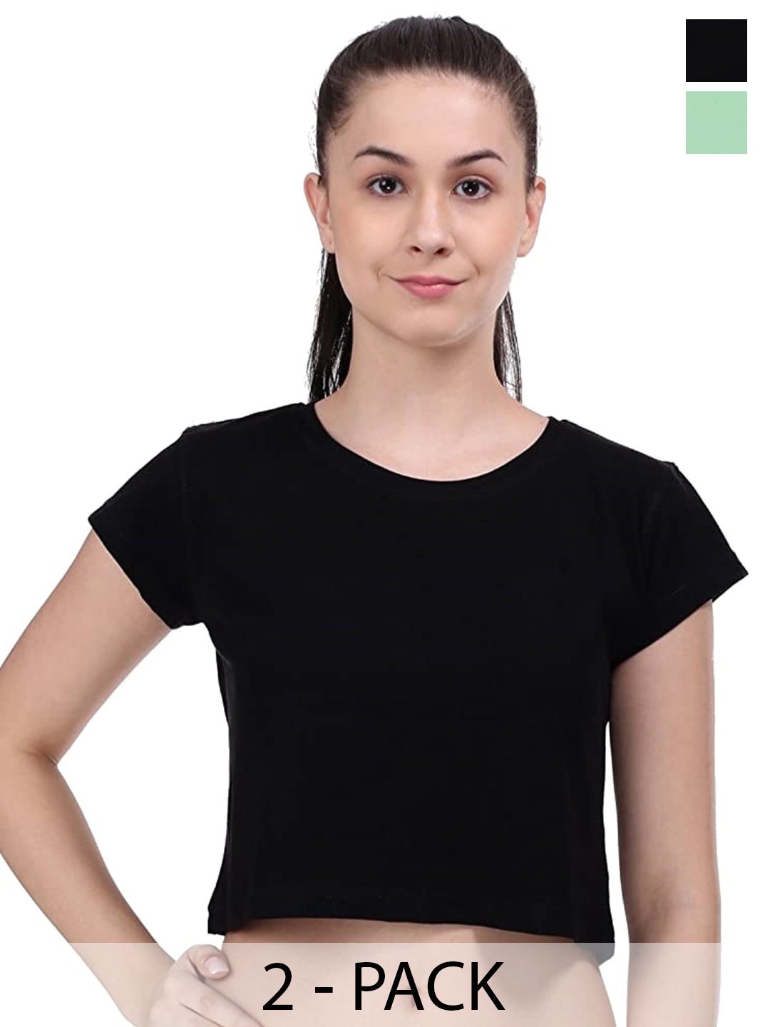 

COLOR CAPITAL Pack Of 2 Round Neck Cotton Crop T-shirts, Black