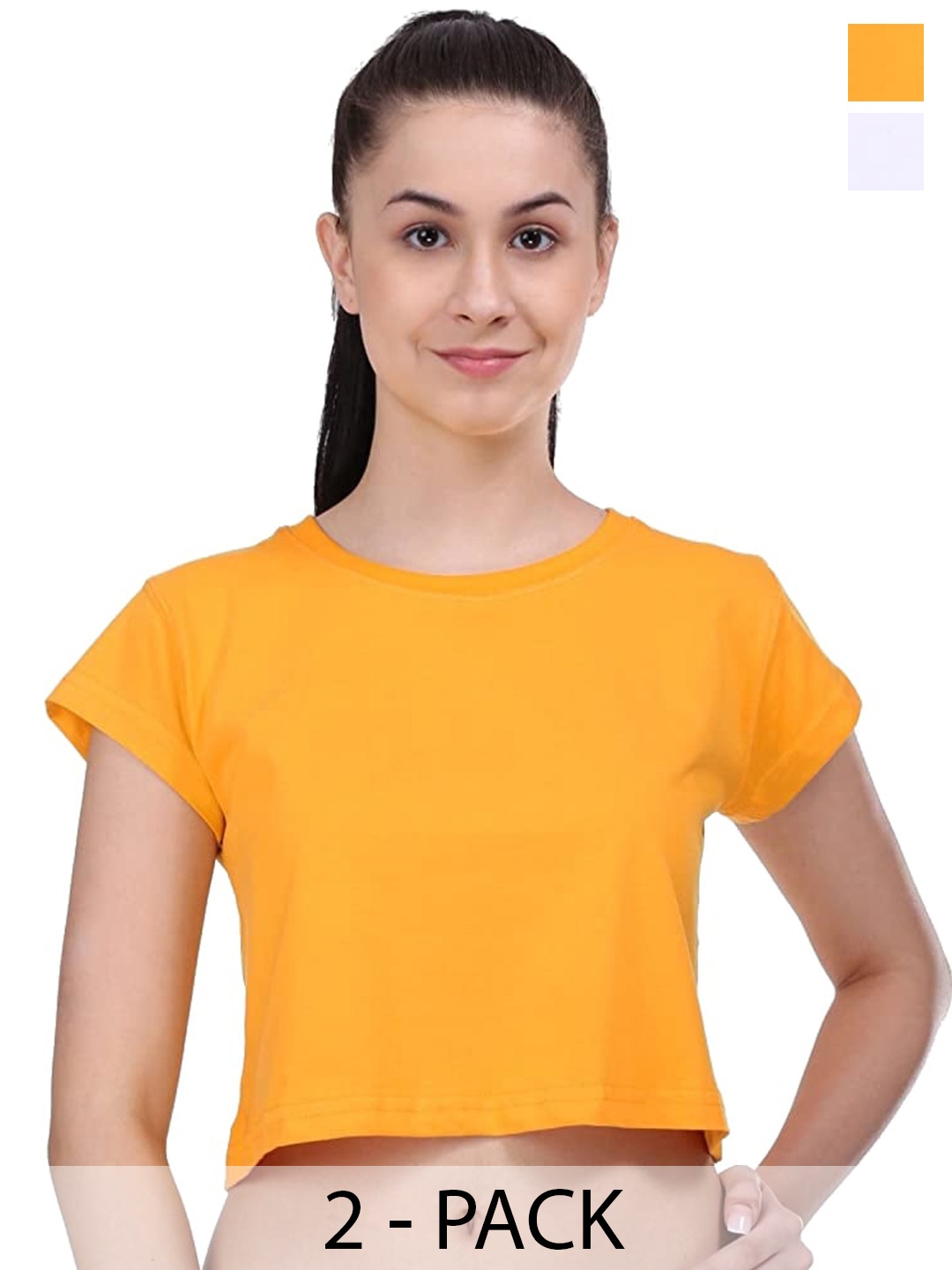 

COLOR CAPITAL Pack Of 2 Round Neck Cotton Crop T-shirts, Yellow