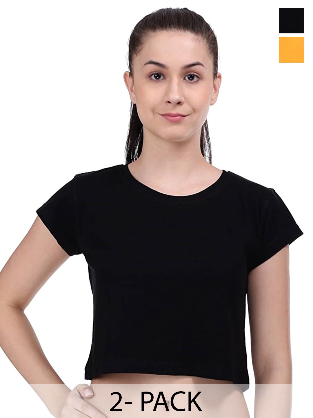 

COLOR CAPITAL Pack Of 2 Round Neck Cotton Crop T-shirts, Black