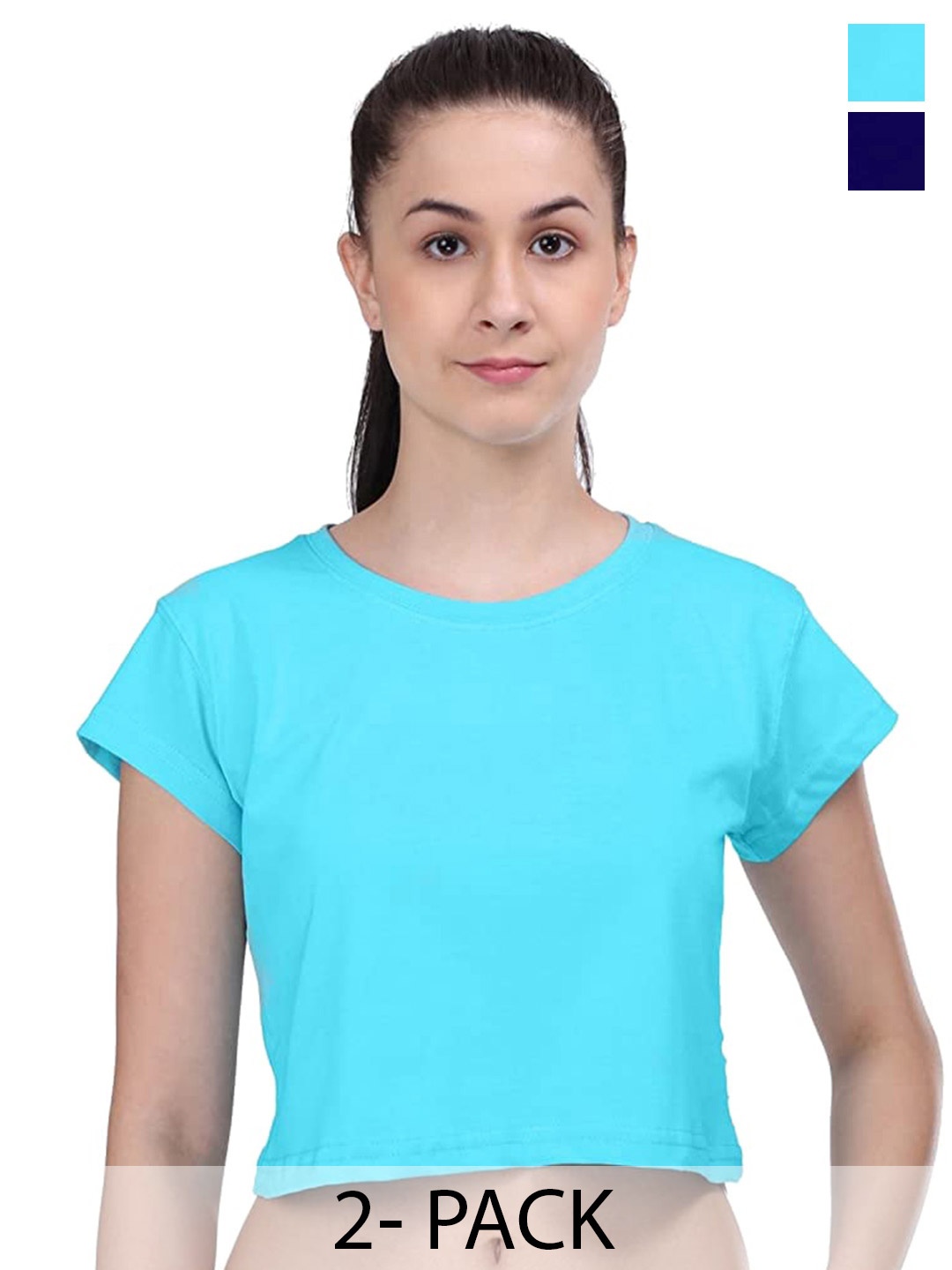 

COLOR CAPITAL Pack Of 2 Round Neck Cotton Crop T-shirt, Blue