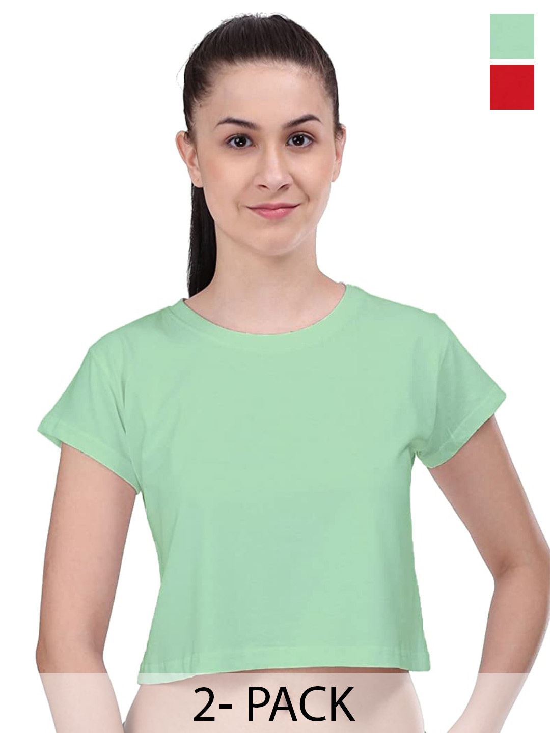 

COLOR CAPITAL Pack Of 2 Round Neck Cotton Crop T-shirts, Sea green