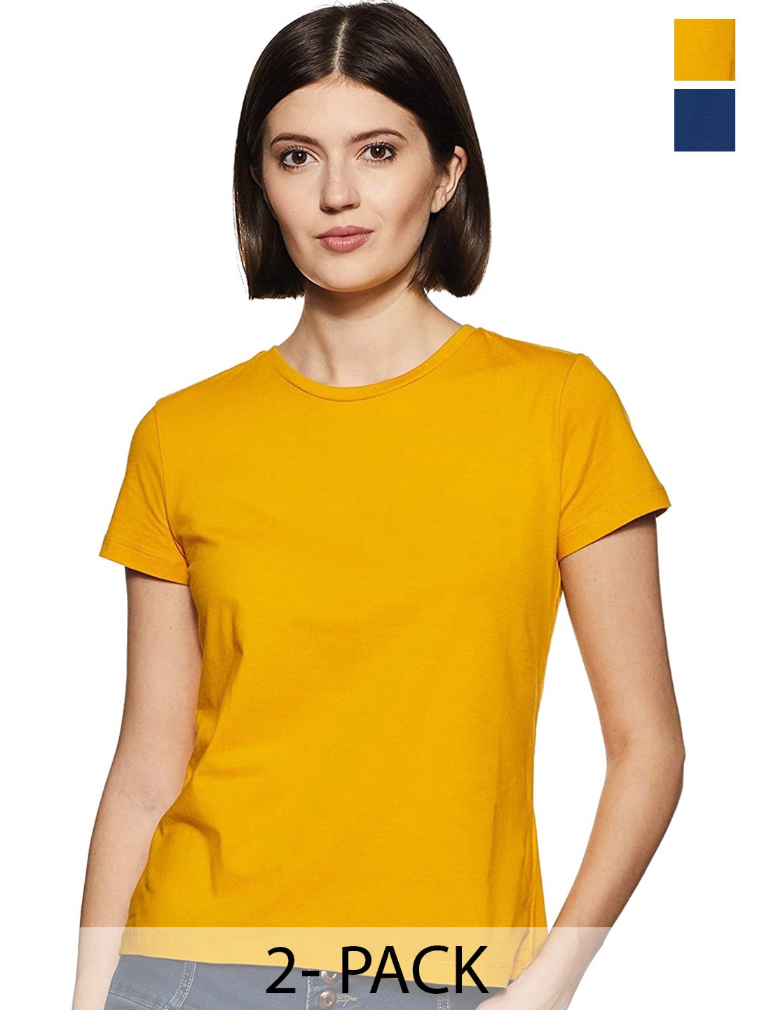 COLOR CAPITAL Pack Of 2 Round Neck Cotton T-shirt, Mustard