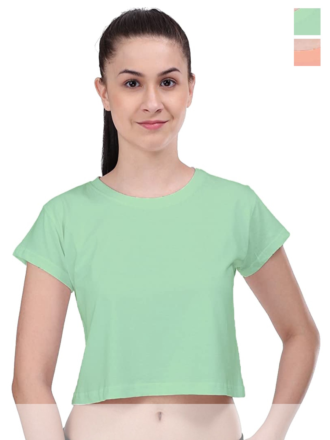 

COLOR CAPITAL Pack Of 2 Short Sleeves Cotton Crop Top, Green