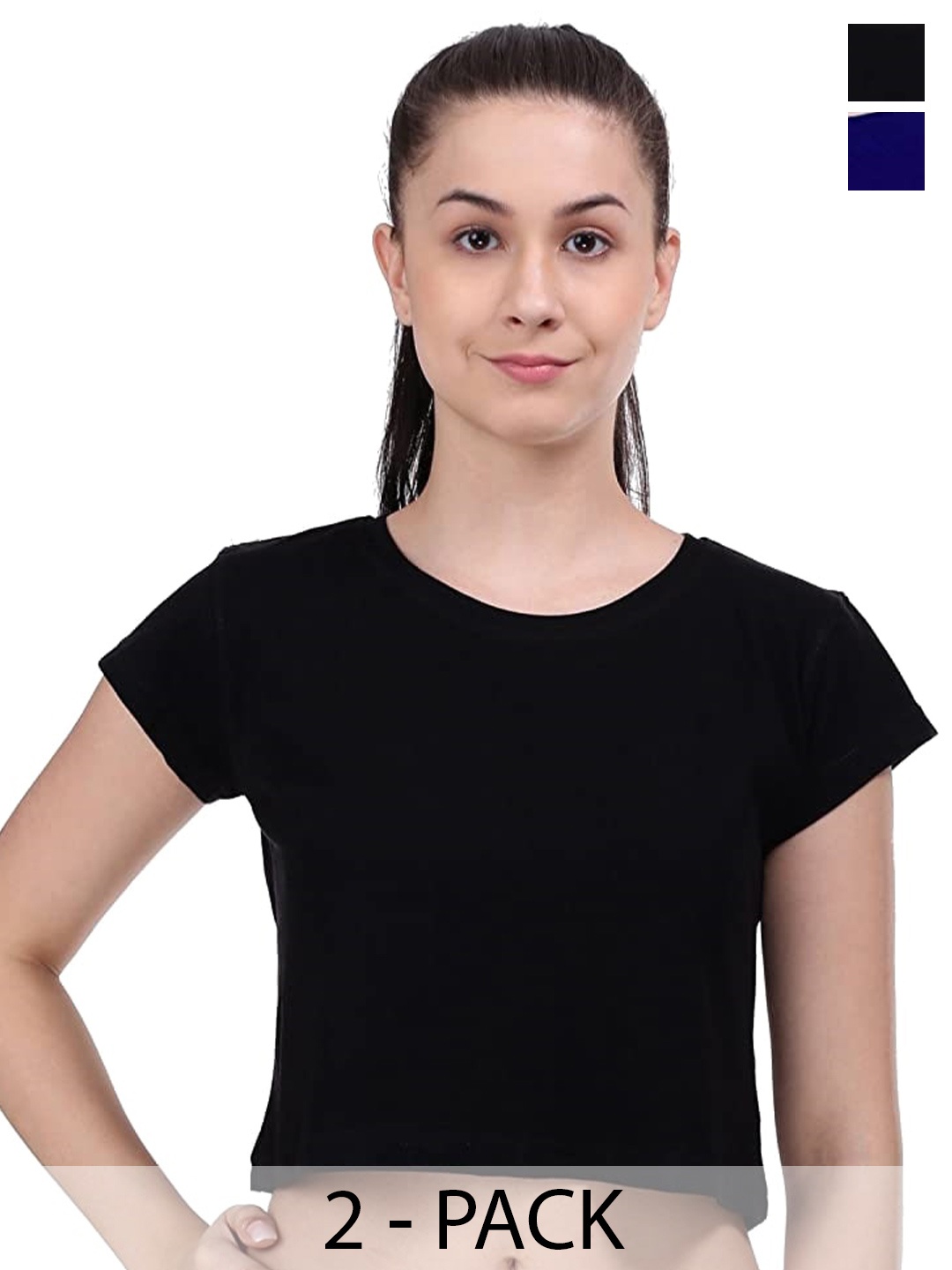

COLOR CAPITAL Pack Of 2 Round Neck Cotton Crop T-shirt, Black