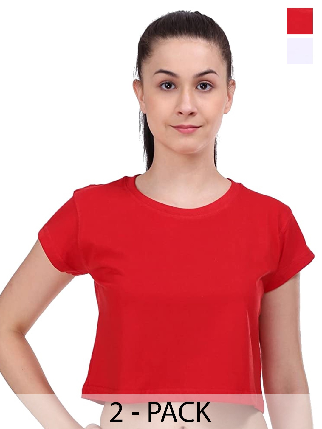 

COLOR CAPITAL Pack Of 2 Round Neck Cotton Crop T-shirts, Red