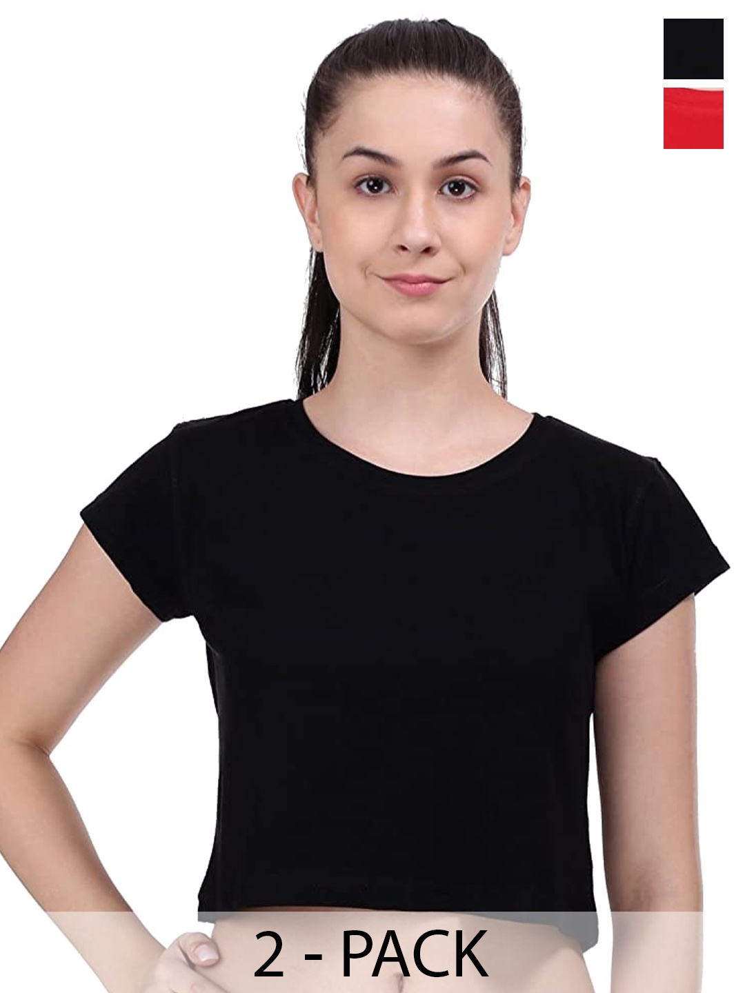 COLOR CAPITAL Pack Of 2 Regular Fit Cotton Crop T-shirts, Black