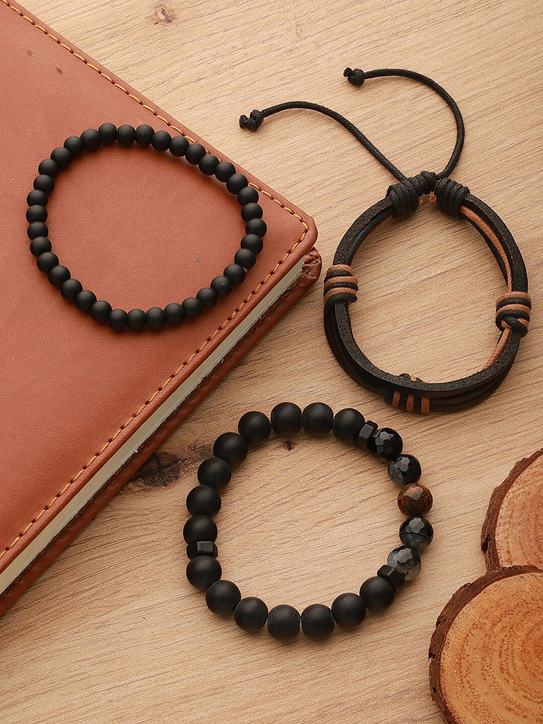

WROGN Men Set Of 3 Leather Bracelet, Black