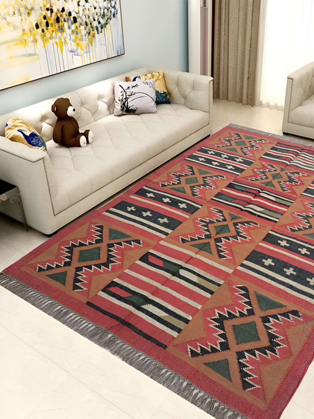 

Budhrajrugs Maroon & Green Geometric Reversible Dhurrie, Brown