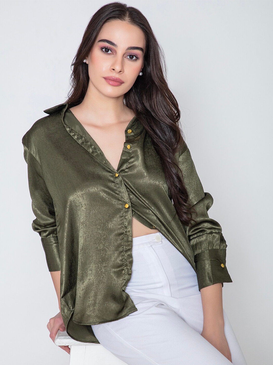 

Lounge Dreams Comfort Satin Oversized Casual Shirt, Green