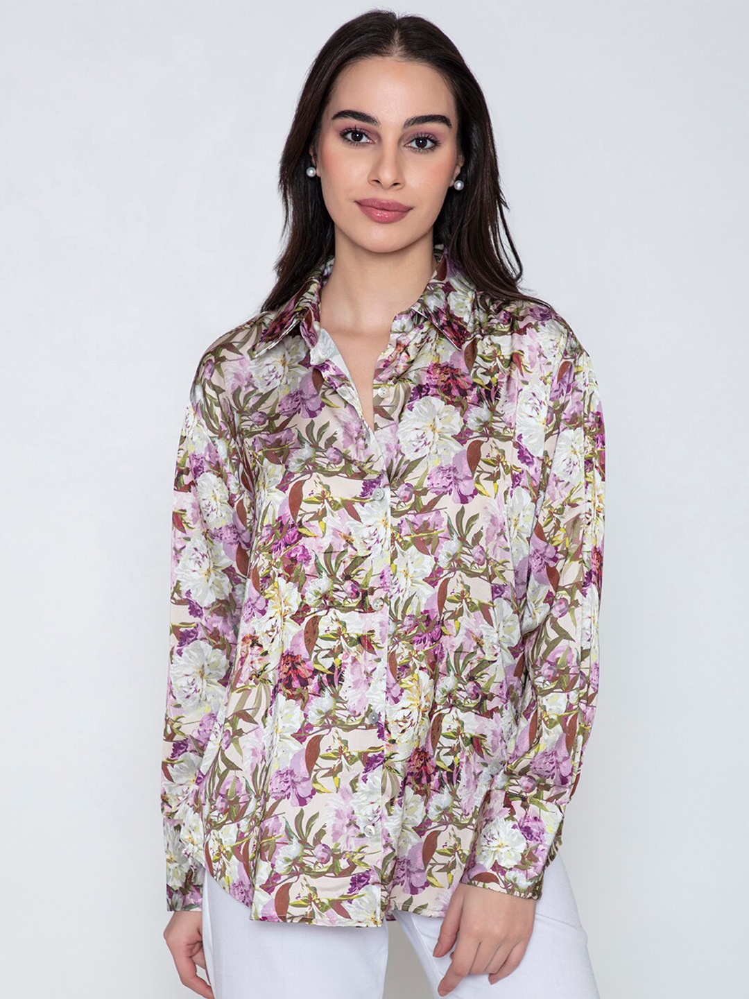 

Lounge Dreams Comfort Floral Printed Satin Oversized Shirt, Purple