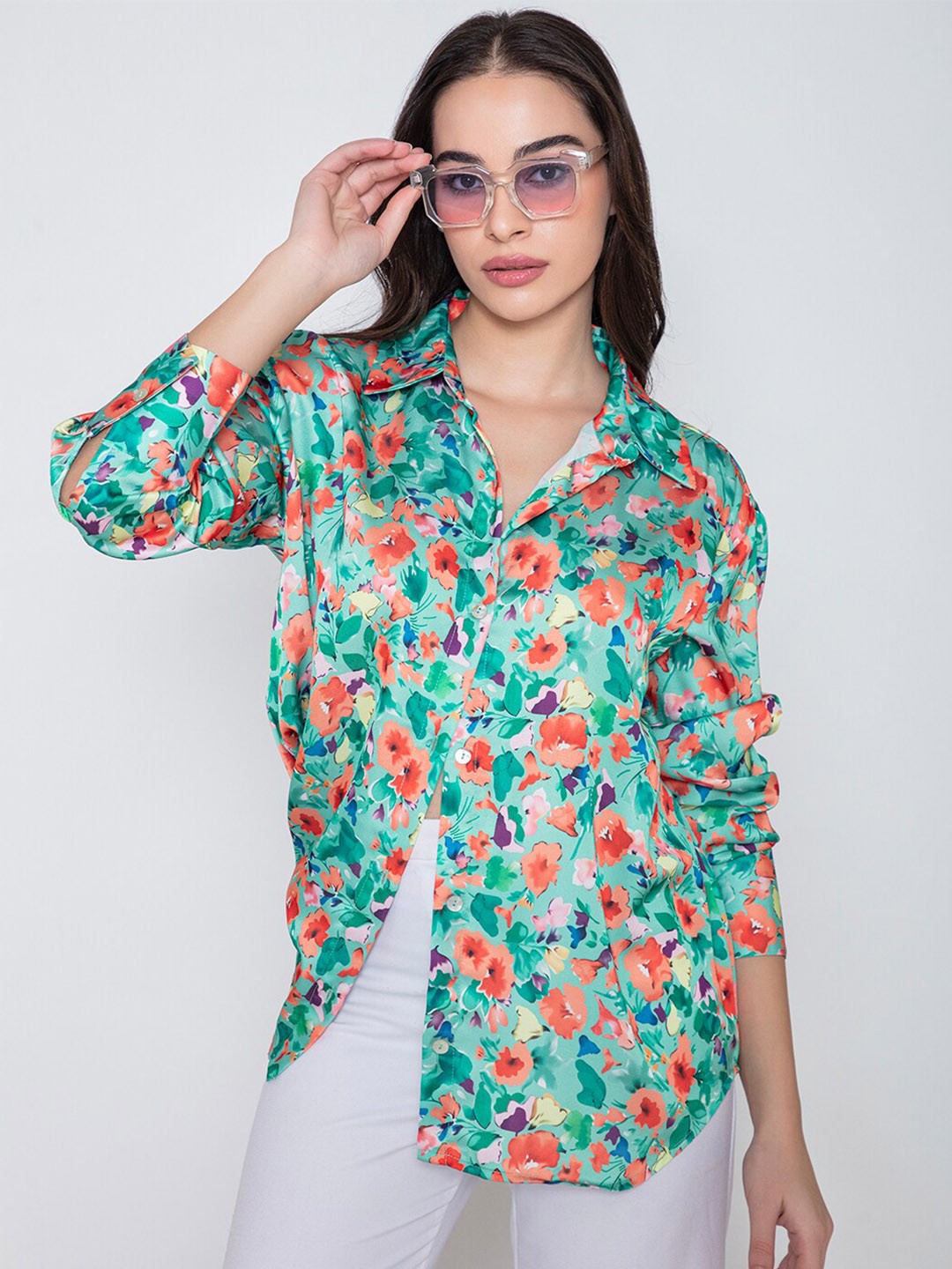 

Lounge Dreams Comfort Floral Printed Satin Oversized Shirt, Green