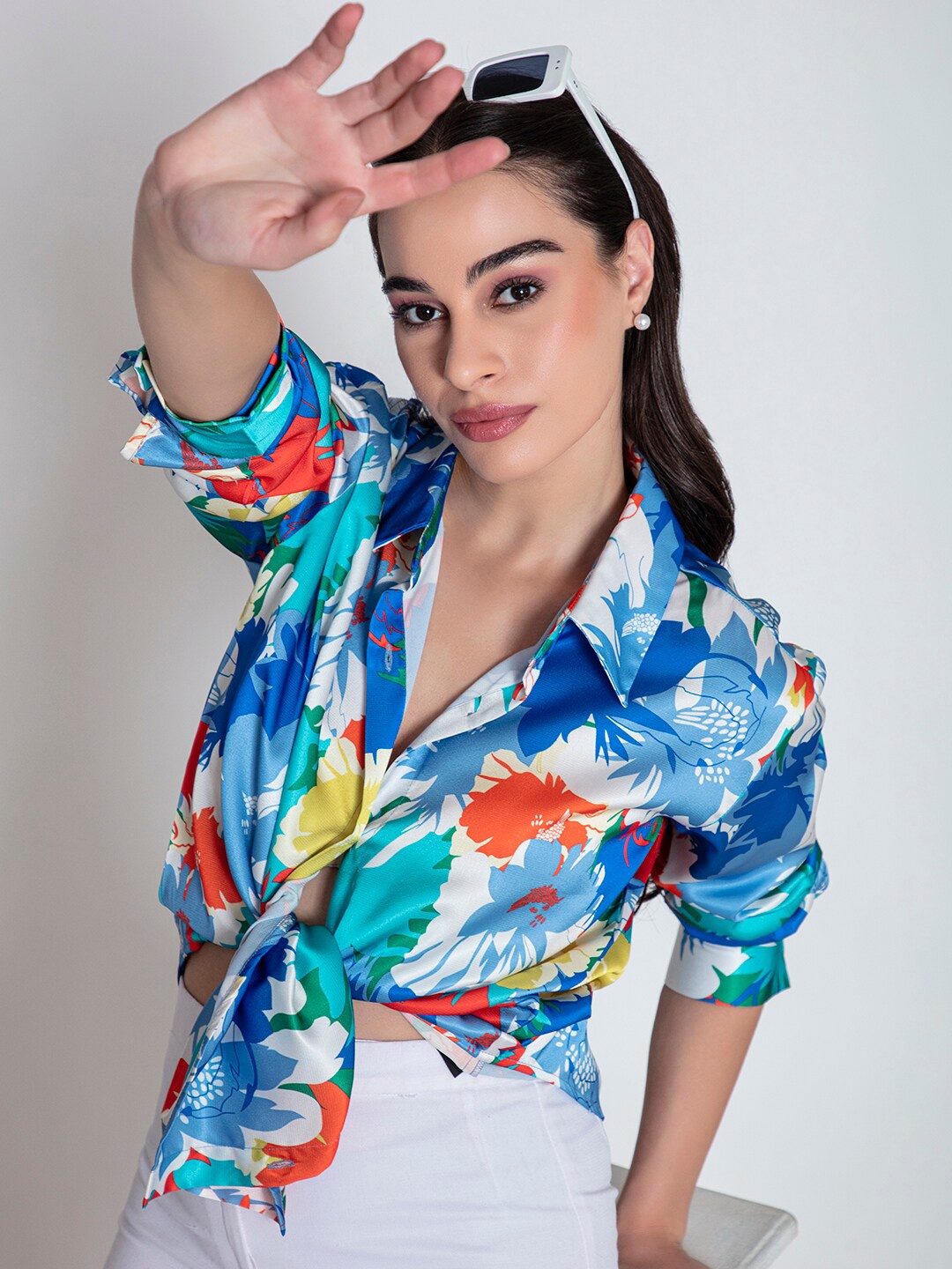 Lounge Dreams Comfort Floral Printed Satin Oversized Shirt, Blue