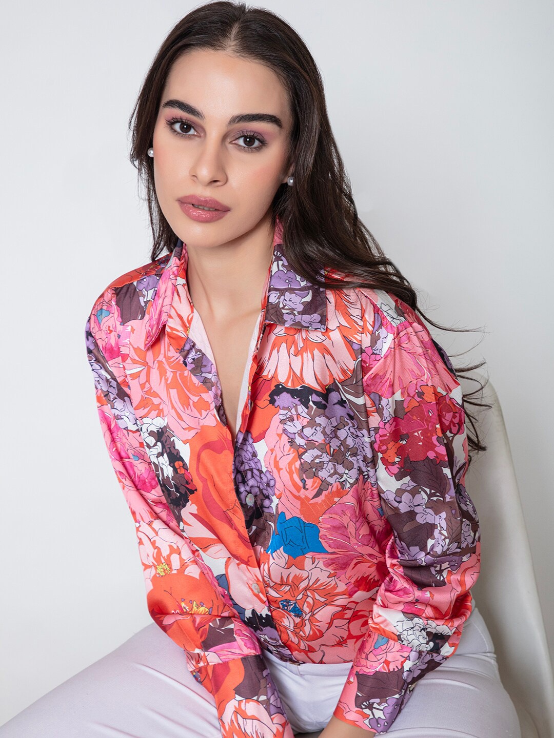 

Lounge Dreams Comfort Floral Printed Satin Oversized Shirt, Pink