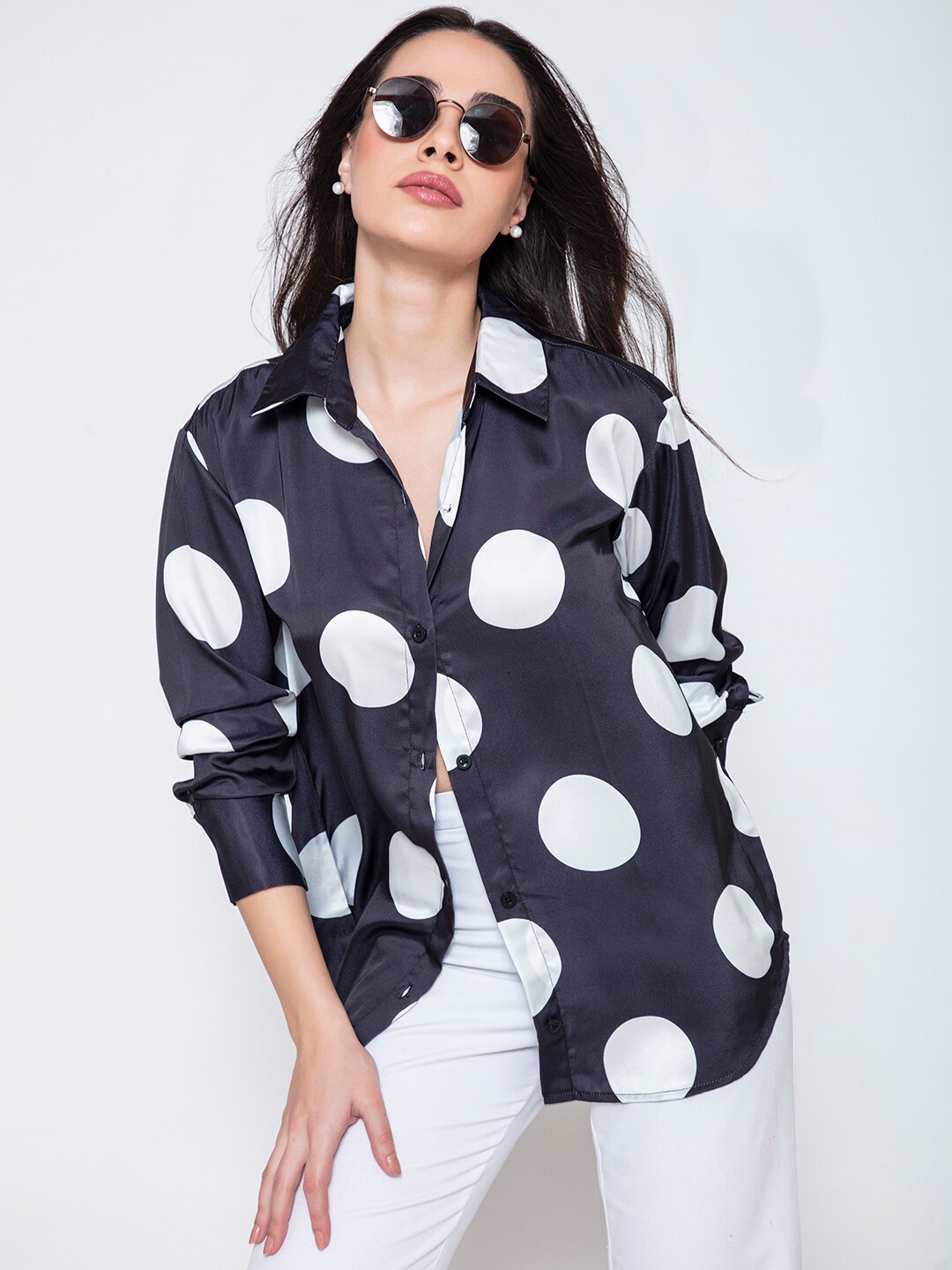 

Lounge Dreams Comfort Polka Dots Printed Satin Oversized Shirt, Black