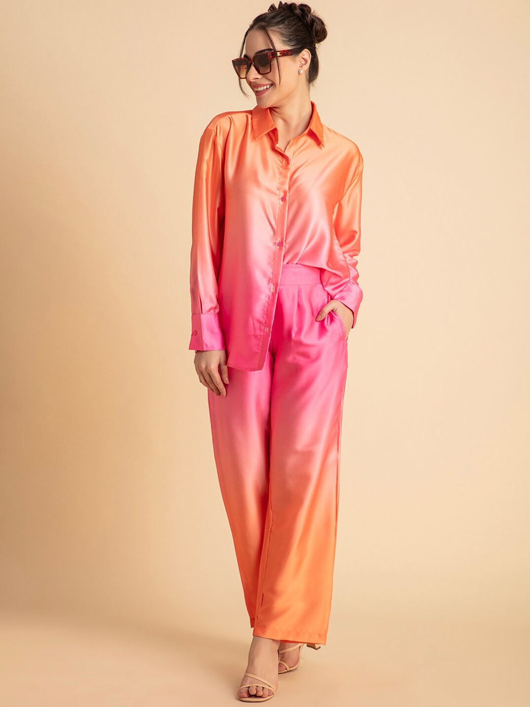 

Lounge Dreams Ombre Dyed Shirt-Collar Shirt With Trouser, Pink