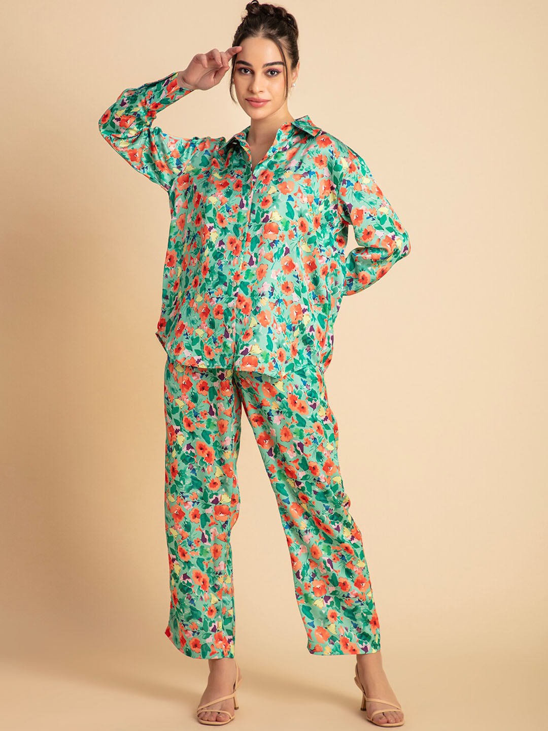 

Lounge Dreams Floral Printed Collar Shirt With Trousers, Green