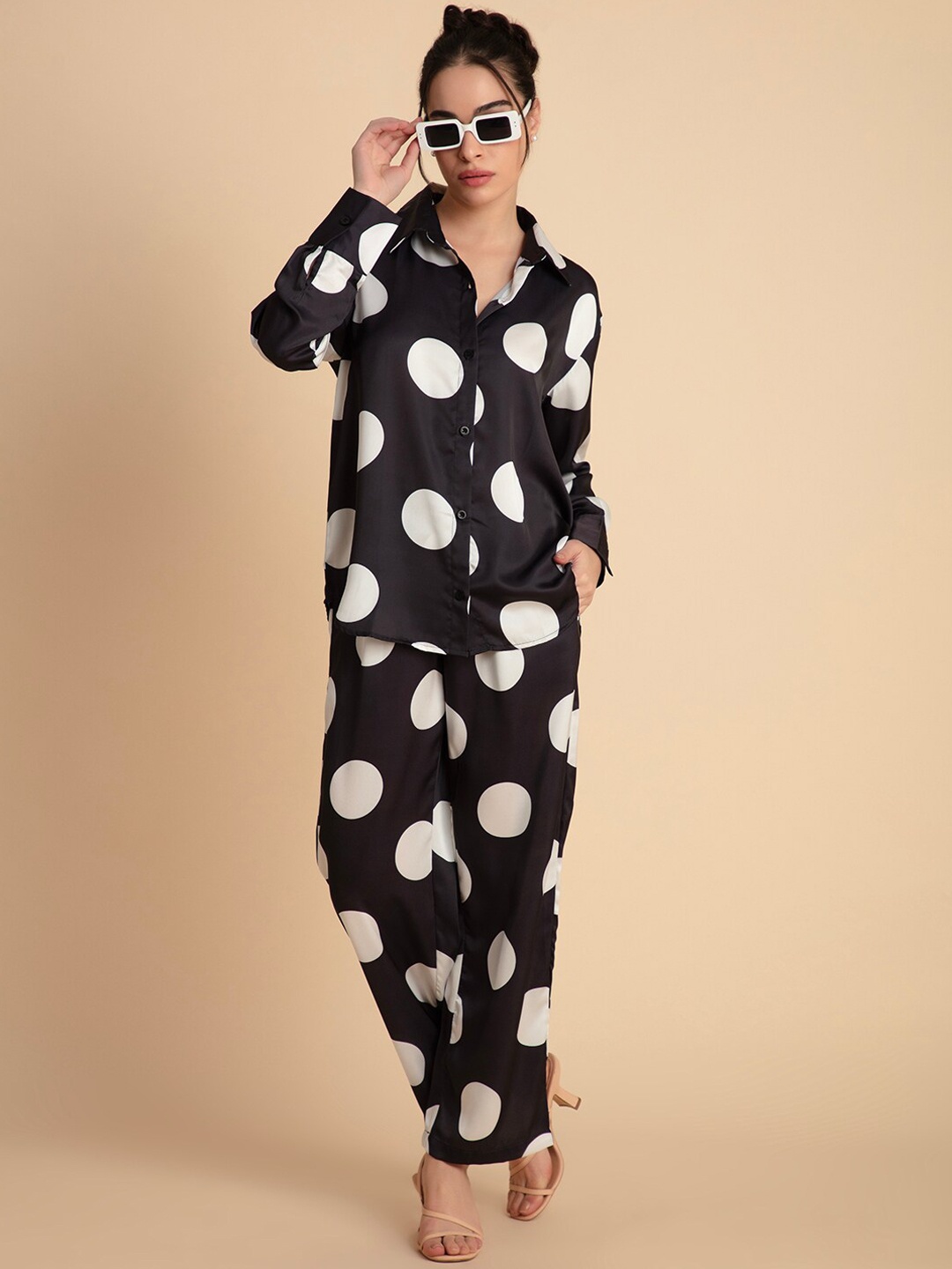 

Lounge Dreams Printed Satin Shirt With Palazzo, Black