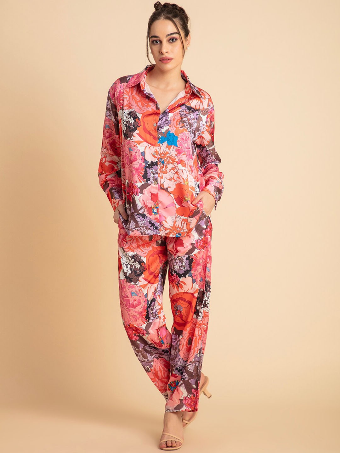 

Lounge Dreams Floral Printed Satin Shirt With Trouser, Pink