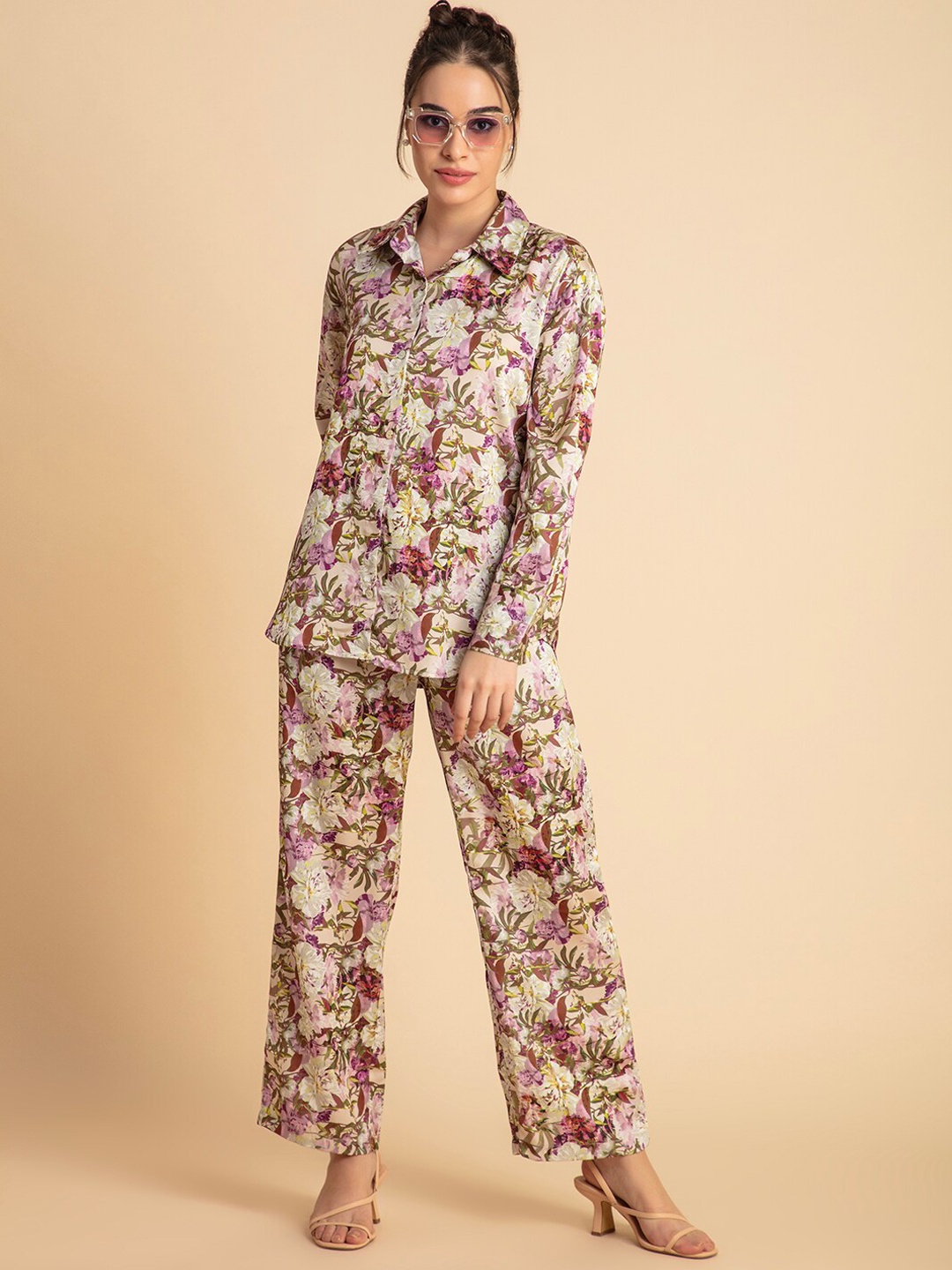 

Lounge Dreams floral Printed Collar Shirt With Trousers, Purple